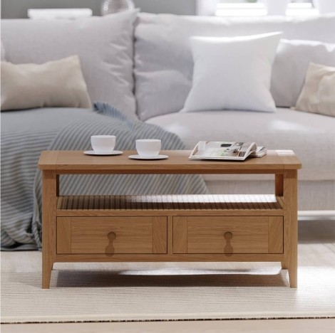 Hanford -  Natural Oak 2 Drawer Coffee Table With Open Shelf