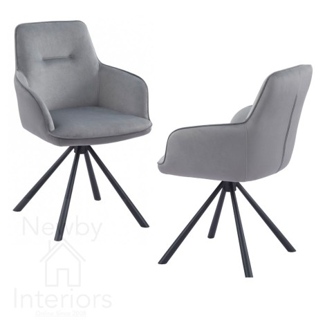 Amalia - 2x Grey Velvet Swivel Dining Arm Chairs - Matt Black Steel Spider Legs