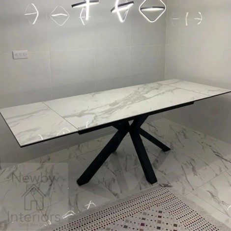 Phoenix - White Polished Ceramic Extending Dining Table - 160-240cm - Starburst Black Legs