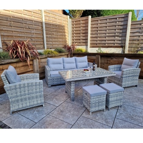 Amy - Outdoor - Grey - 3 seater sofa and 2 Chairs with Dining Table and 2 Stools - UV Treated Wicker