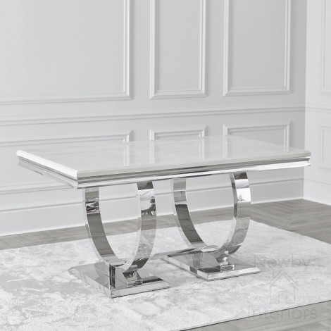 Arianna - White Marble Dining Table - 150cm/1.5m - Polished Steel Circular Base