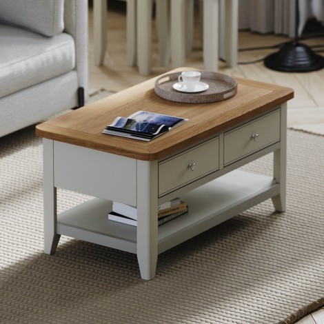 Arlena - Oak Top 2 Drawer Coffee Table - Grey Painted Finish