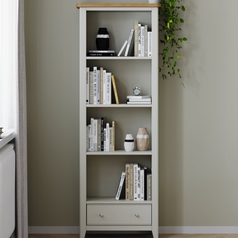 Arlena - Oak Top 1 Drawer 4 Open Shelves Large Narrow Bookcase - Grey Painted Finish