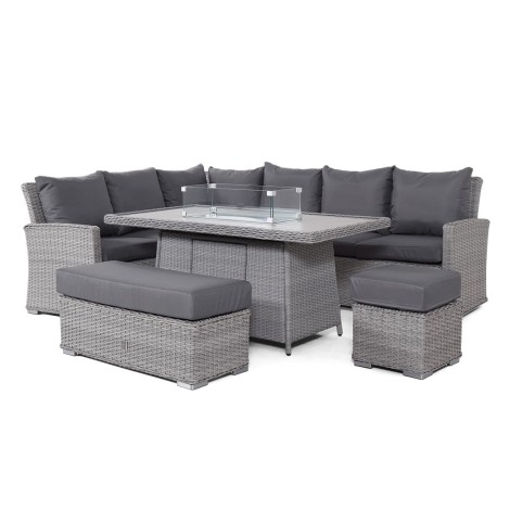 Ascot - Rectangular Corner Dining Set with Fire Pit - Rattan - Grey