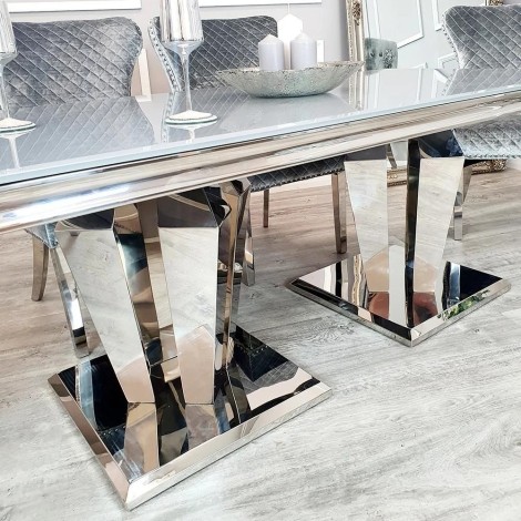 Athena - Grey Glass Dining Table - 180cm/1.8m - Mirrored Chrome Pedestal Base