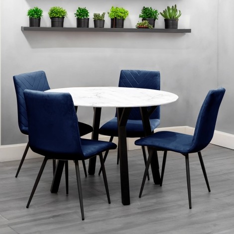 Small Round - 1.1m/110cm - White Marble Top - Dining Table & 4 x Upholstered - Retro Style - Blue Velvet - Dining Chair