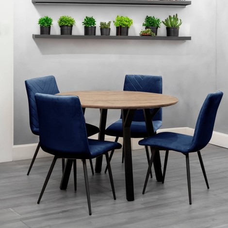 Round - 1.1m/110cm - Natural Oak Effect Top - Dining Table & 4 x Upholstered - Retro Style - Blue Velvet - Dining Chair