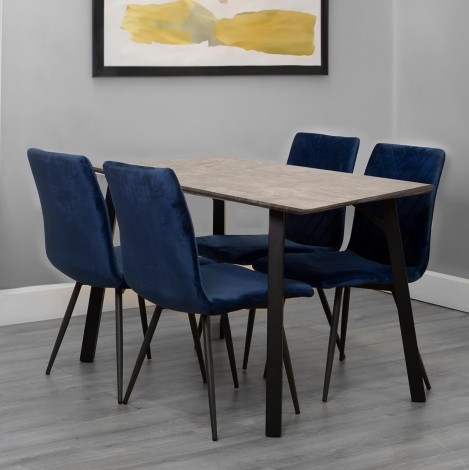 Small Rectangular - 1.2m/120cm - Grey Concrete Top - Dining Table & 4 x Upholstered - Retro Style - Blue Velvet - Dining Chair