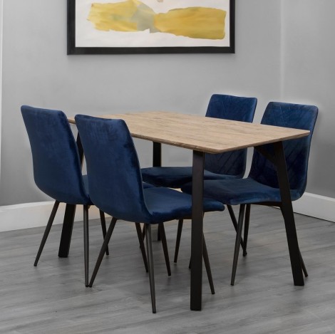 Small Rectangular - 1.2m/120cm - Oak Finish Top - Dining Table & 4 Upholstered - Retro Style - Blue Velvet - Dining Chair