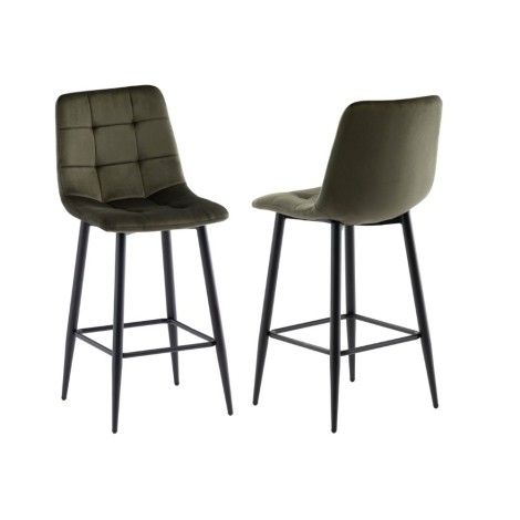 Pair Of - Bella Bar Stool - Juniper Green Velvet Fabric - Cross Stitch - Black Powder Coated Legs