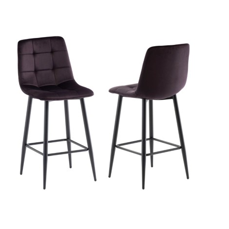 Pair Of - Bella Bar Stool - Aubergine Velvet Fabric - Cross Stitch - Black Powder Coated Legs