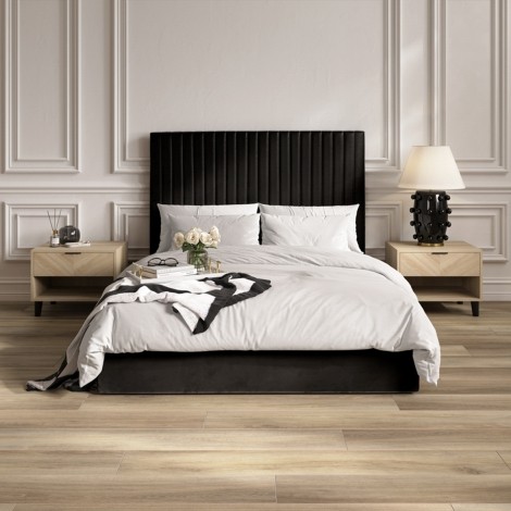 Berlin - Black Velvet Tall Double / 4ft6in / 135cm Ottoman Bed with Vertical Lines Headboard