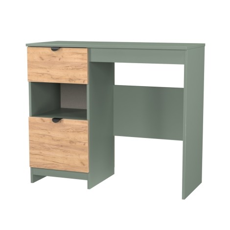 Bora - Single Pedestal Desk / Vanity Table with Shelf - Gold Crafted Oak Front and Reed Green Base