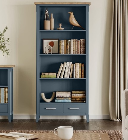 Signature Blue - Painted - Tall Bookcase - Oak Parquet Top - 2 Drawer 4 Open Shelves