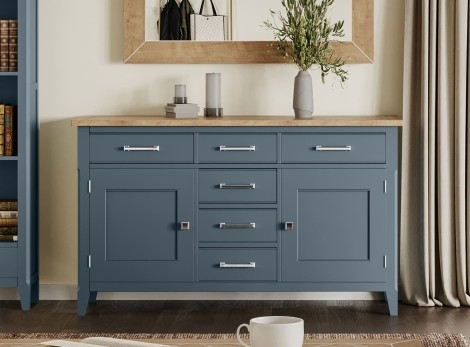 Signature Blue - Painted Large Sideboard - Oak Parquet Top With 6 Drawers + 2 Doors