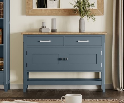 Signature Blue - Painted Small Sideboard / Hall Console Table - Oak Parquet Top With 2 Drawers + 2 Doors