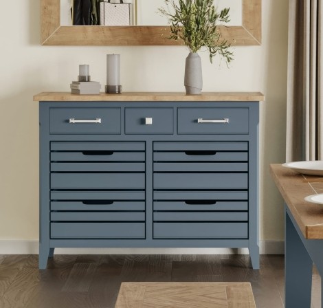 Signature Blue - Painted Sideboard / Servery - Oak Parquet Top With 7 Drawers