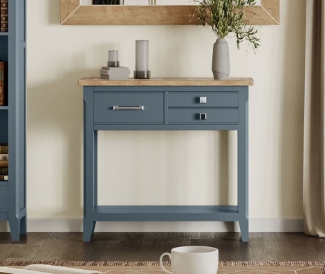 Signature Blue - Painted - Reclaimed Small - Console Table - Oak Parquet Top With 3 Drawers