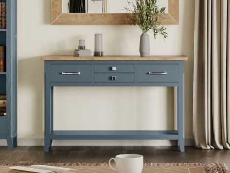 Signature Blue - Painted - Console Table - Oak Parquet Top With 4 Drawers