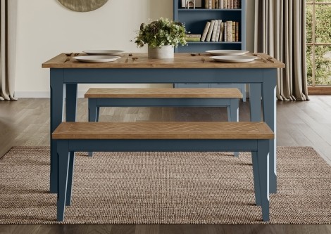 Signature Blue - Painted - Medium Dining Table with 2 Medium Benches - Oak Parquet Top