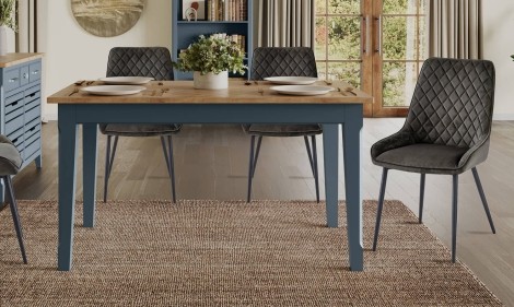 Signature Blue - Painted - Medium Dining Table with 4 Gun Metal Grey Velvet Fabric Chairs