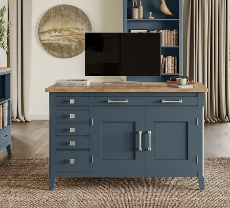 Signature Blue - Painted - Hidden Home Office Desk - Oak Parquet Top - Multiple Drawers