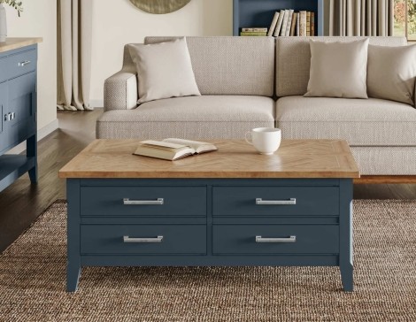 Signature Blue - Painted - Rectacgular - Coffee Table With Hidden Storage Trunk - Oak Parquet Top - 4 Drawers