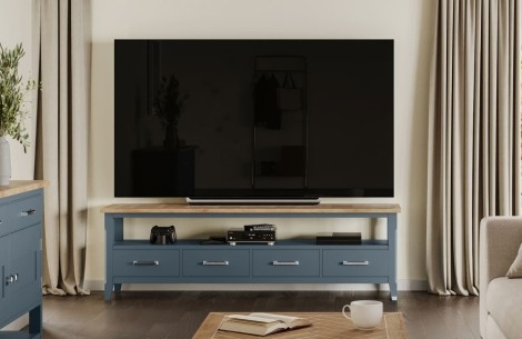 Signature Blue - Painted - Large - Widescreen Television Cabinet - Oak Parquet Top - 4 Drawer