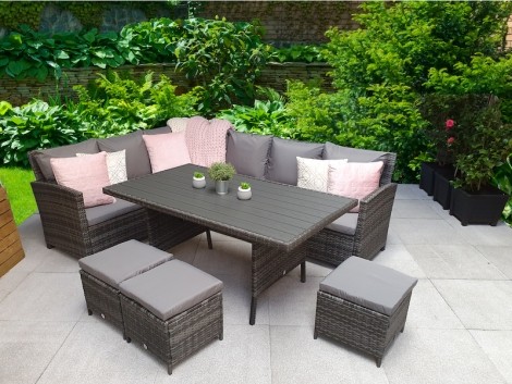 Charlotte - Outdoor - Grey - Corner Sofa With HDPE Wood Effect Top Dining Table and 3 Stools - 8mm UV Treated Wicker