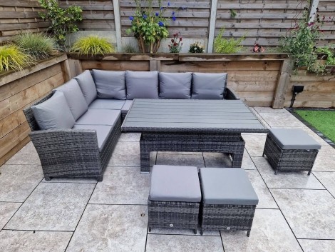 Charlotte - Outdoor - Grey - Corner Sofa With HDPE Wood Effect Lift Top Dining Table and 3 Stools - 8mm UV Treated Wicker