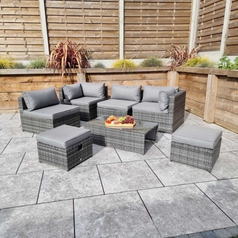 Chelsea - Outdoor - Grey - Modular Sofa Set With Glass Top Coffee Table and 2 Stools - 8mm UV Treated Wicker