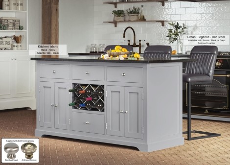 Kitchen Island - Grey Painted - Rectangular - Granite Black Worktop - 2 Cupboard 4 Drawer With Wine Racks