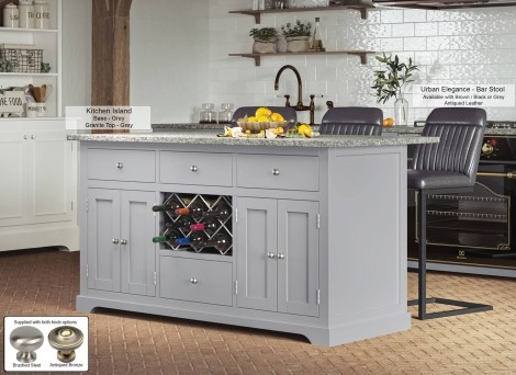 Kitchen Island - Grey Painted - Rectangular - Granite Grey Worktop -2 Cupboard 4 Drawer With Wine Racks