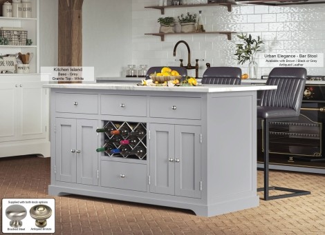 Kitchen Island - Grey Painted - Rectangular - Marble White Worktop - 2 Cupboard 4 Drawer With Wine Racks