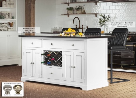 Kitchen Island - White Painted - Rectangular - Granite Black Worktop - 2 Cupboard 4 Drawer With Wine Racks