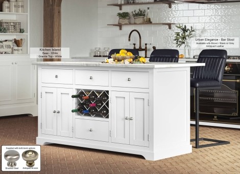 Kitchen Island - White Painted - Rectangular - Marble White Worktop - 2 Cupboard 4 Drawer With Wine Racks