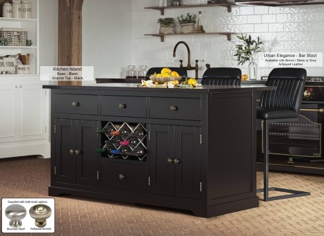 Kitchen Island - Black Painted - Rectangular - Granite Black Worktop - 2 Cupboard 4 Drawer With Wine Racks