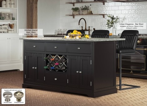 Kitchen Island - Black Painted - Rectangular - Granite Grey Worktop - 2 Cupboard 4 Drawer With Wine Racks