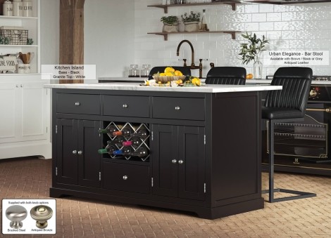 Kitchen Island - Black Painted - Rectangular - Marble White Worktop - 2 Cupboard 4 Drawer With Wine Racks