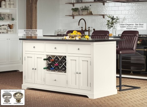 Kitchen Island - Cream Painted - Rectangular - Granite Black Worktop - 2 Cupboard 4 Drawer With Wine Racks