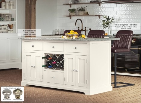 Kitchen Island - Cream Painted - Rectangular - Granite Grey Worktop - 2 Cupboard 4 Drawer With Wine Racks