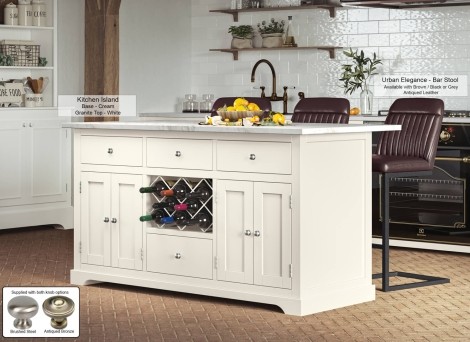 Kitchen Island - Cream Painted - Rectangular - Marble White Worktop - 2 Cupboard 4 Drawer With Wine Racks