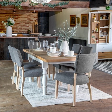 Cornwall - White Painted and Chunk Oak - 1.6m - Medium Butterfly Extending Dining Table & 4 Grey Fabric Upholstery - Dining Chair