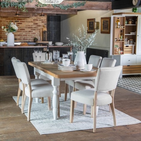 Cornwall - White Painted and Chunk Oak - 2.2m - Large Butterfly Extending Dining Table & 6 Natural Fabric Upholstery - Dining Chair