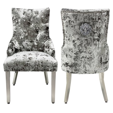 Pair Of -  Majestic -  Lion head Knocker - Premium Silver Crushed Velvet Dining Chairs With Chrome Legs 