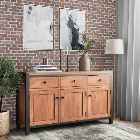 Dominica - Acacia Wood - Large - 3 Door 3 Drawer - Sideboard - Black Metal Frame - Industrial Chic