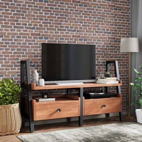 Dominica - Acacia Wood - 2 Drawer - TV / Media Unit With Open Shelf - Black Metal Frame - Industrial Chic