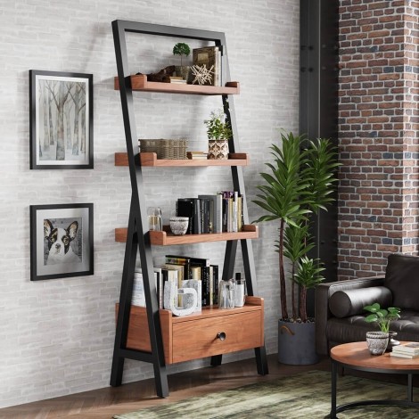 Dominica - Acacia Wood - 1 Drawer - Ladder Bookcase / Display Unit - Black Metal Frame - Industrial Chic