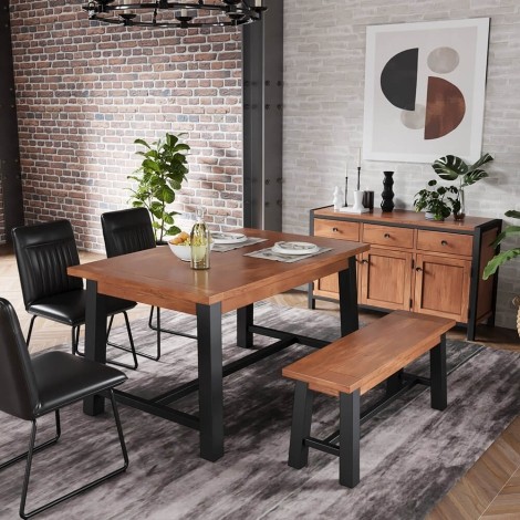 Dominica - Acacia Wood - Large 180cm/1.8m - Fixed Top Dining Table - Black Metal Frame - Industrial Chic