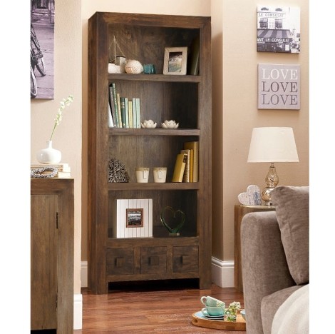 Dakota - Walnut Brown - Mango Wood - Large Open Bookcase - 3 Drawers with 4 Open Shelves